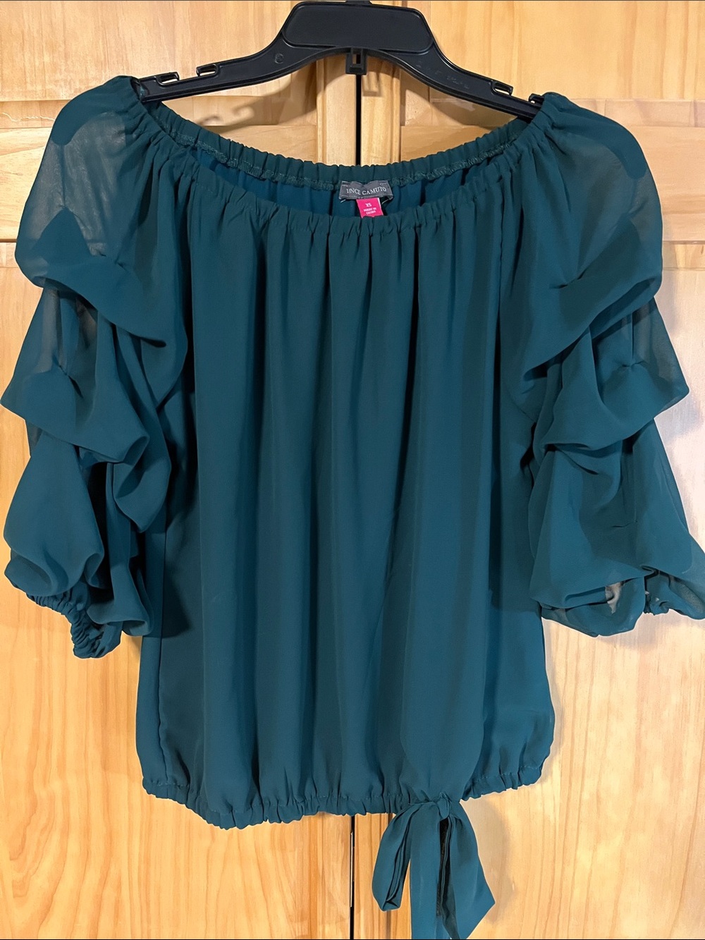 Vince Camuto Teal Off-Shoulder Ruffle Sleeve Tie-Hem Blouse